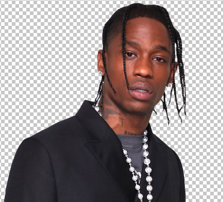 Travis Scott with dreadlocks wearing a black suit and a white shirt png image