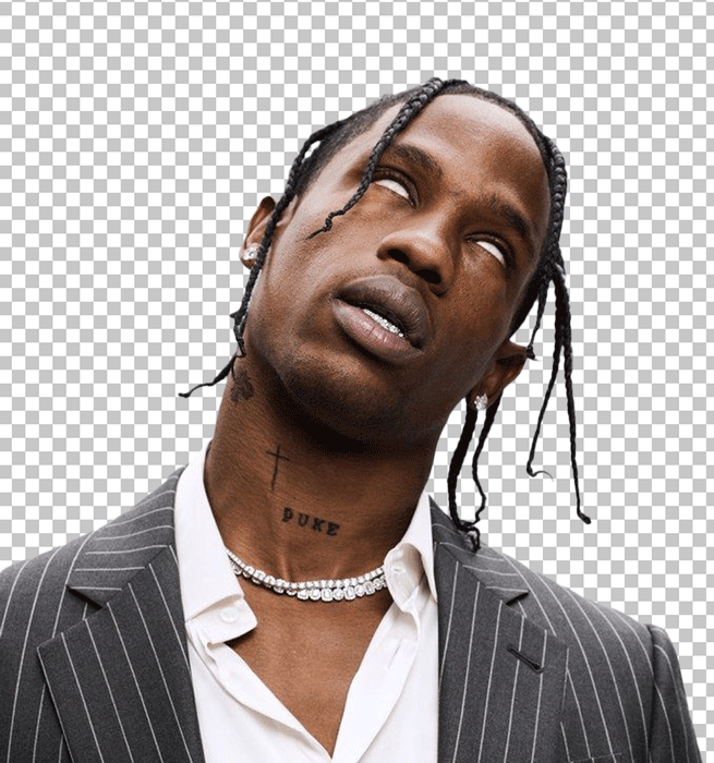 Travis Scott white eyes and wearing a black suit and white shirt png image