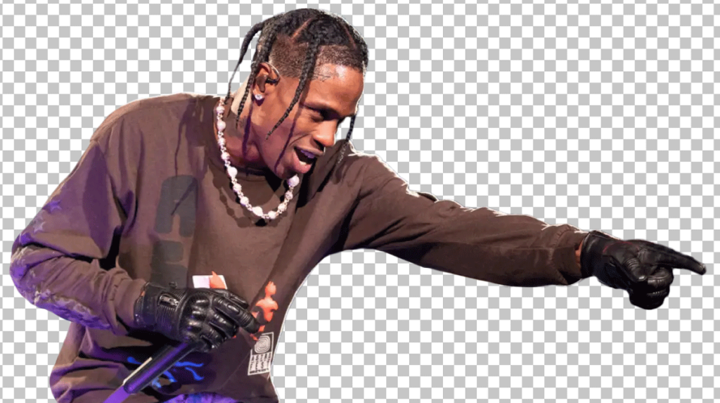 Travis Scott holding microphone and wearing a black sweater and black gloves, pointing at something with their hand png