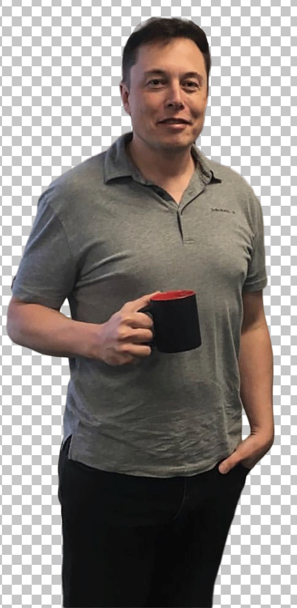 Elon Musk standing and holding a coffee cup PNG image