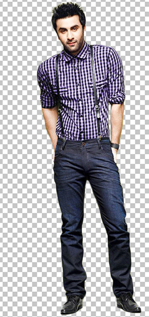 Ranbir Kapoor in a plaid shirt and jeans standing with his hands on his hips