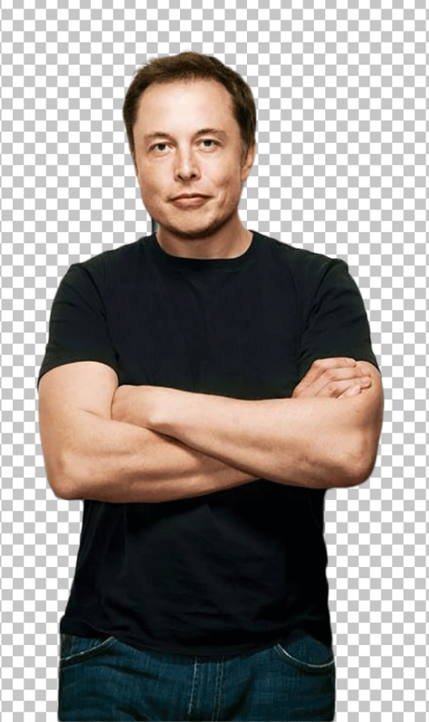 Elon Musk wearing a black t - shirt and standing with folding hand PNG image