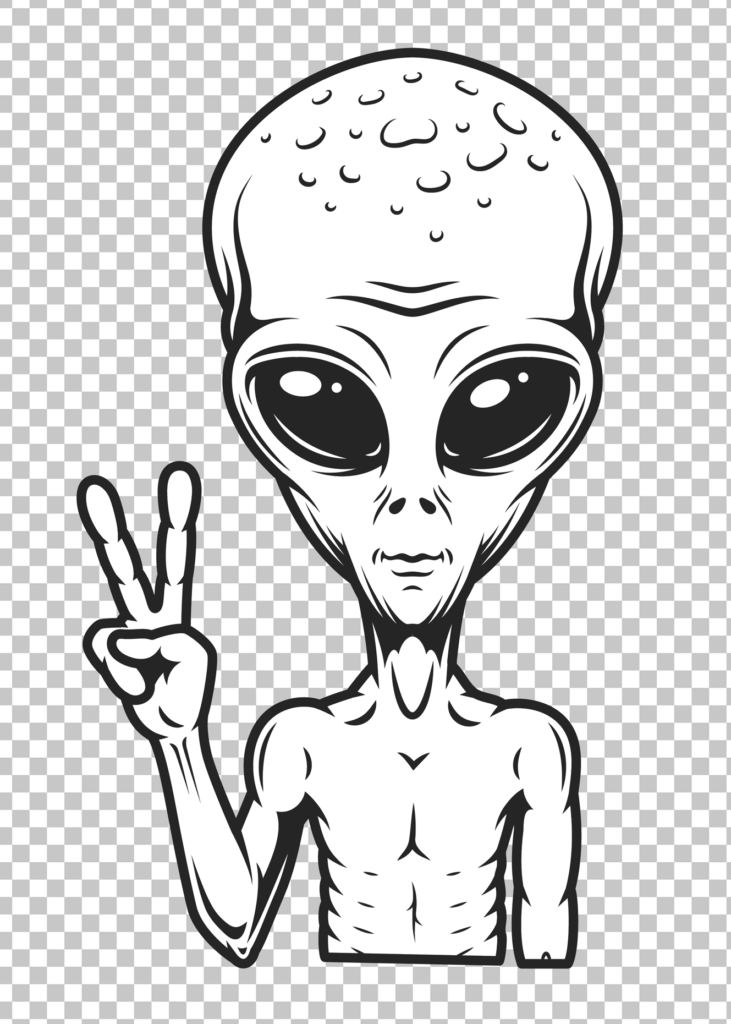 A black and white illustration of an alien giving a peace sign with transparent image