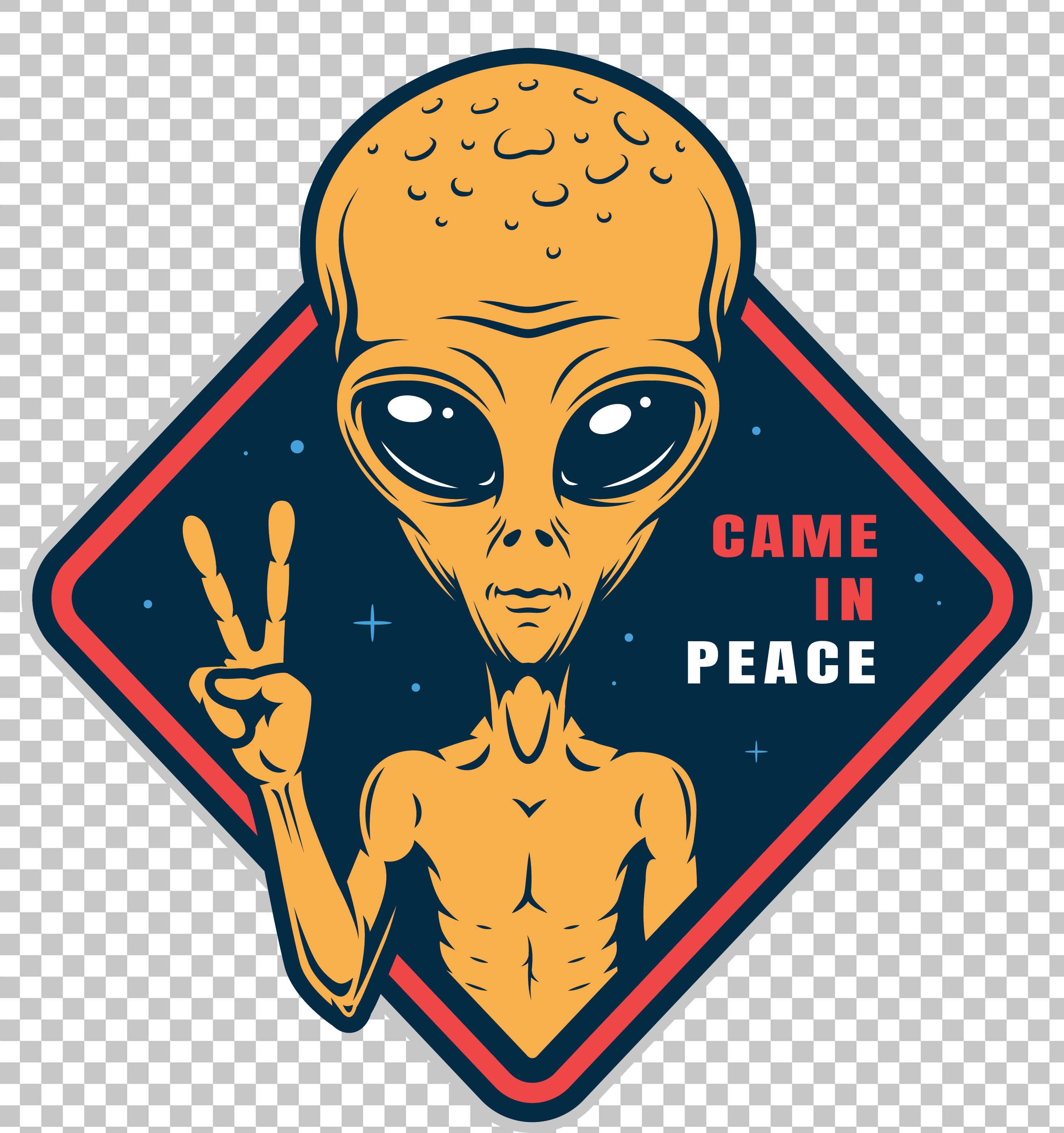 Yellow alien making peace sign with transparent image