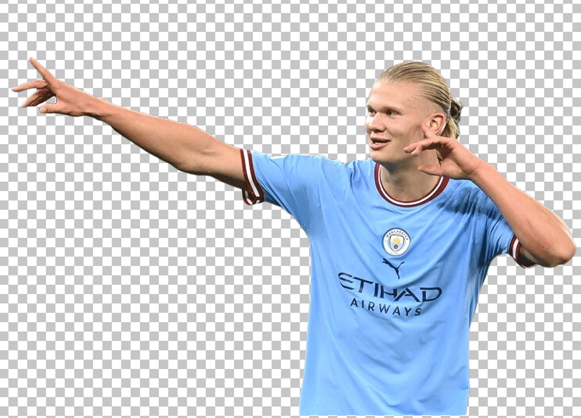 Erling haaland Smiling wearing blue Manchester City jersey PNG Image