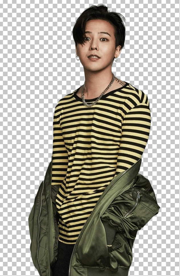Kwon Ji-yong wearing a striped T-shirt and a green jacket, standing with his hands in his pockets PNG Image