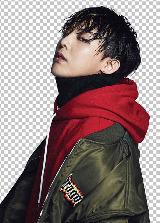 Kwon Ji-Yong wearing a red hoodie and green jacket PNG Image