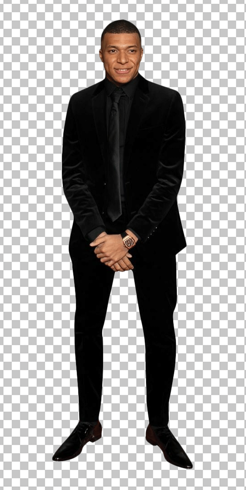 Kylian Mbappé standing in black Suit PNG image