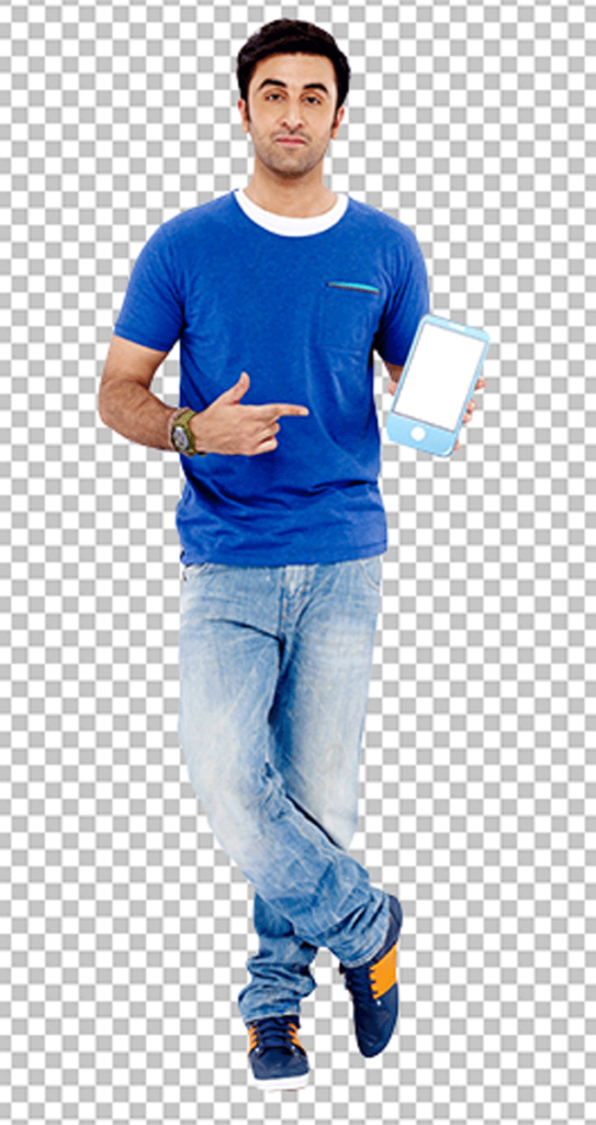 Ranbir Kapoor in blue T-shirt and jeans holding a tablet PNG image