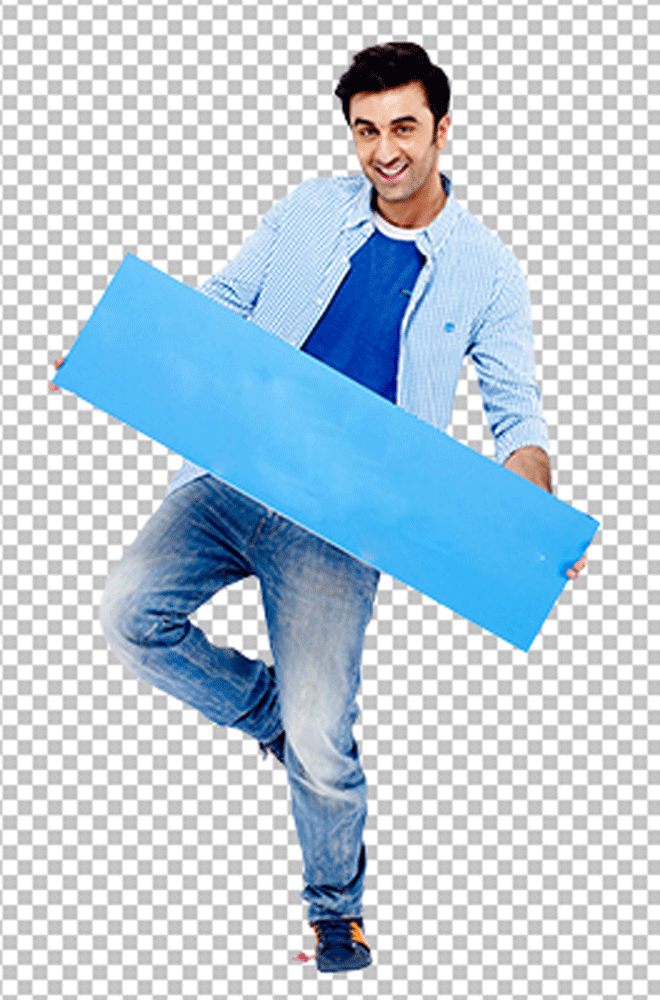 Ranbir Kapoor holding blue Sign PNG image