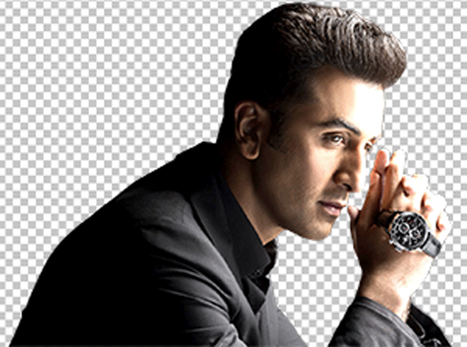 Ranbir Kapoor in a suit holding a watch PNG image