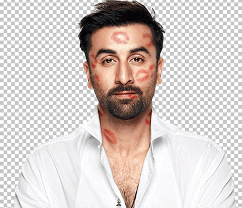 Ranbir Kapoor with kiss marks on his face and wearing white Shirt PNG image