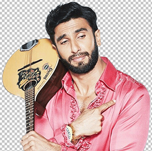 Ranveer Singh Holding mandolin and wearing pink shirt png image