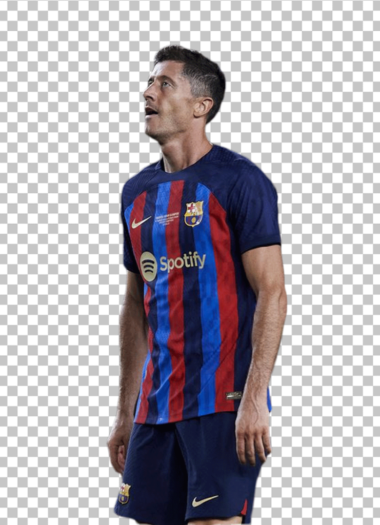Robert Lewandowski wearing FC Barcelona jersey with transparent image