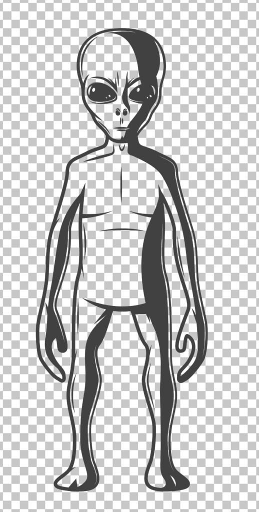 Black and white drawing of an alien with transparent image