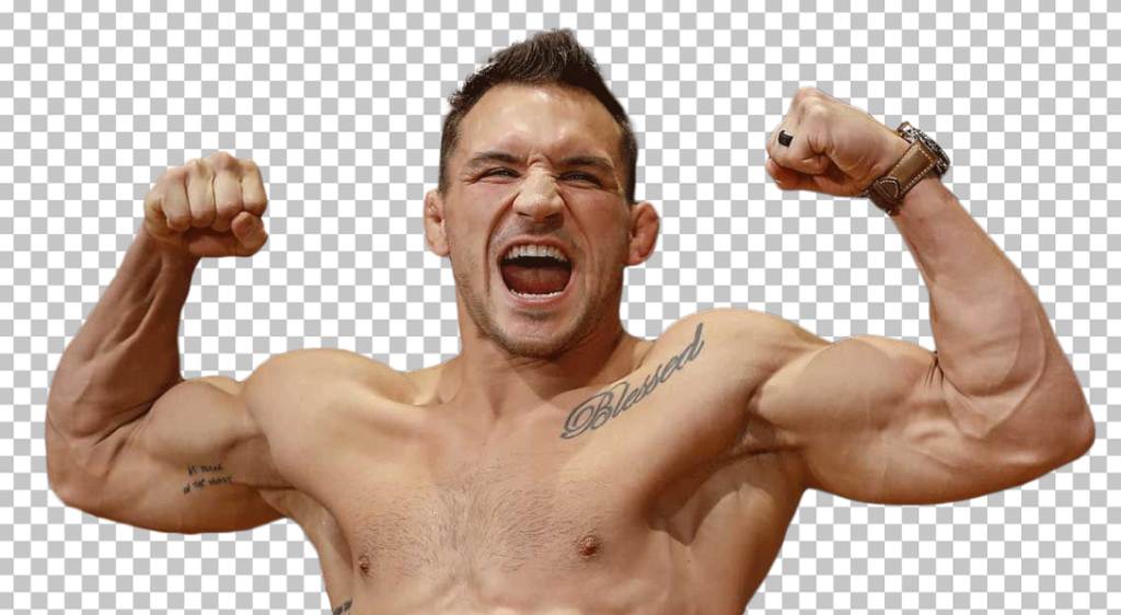 Michael Chandler with muscular arms and chest, flexing his biceps.
