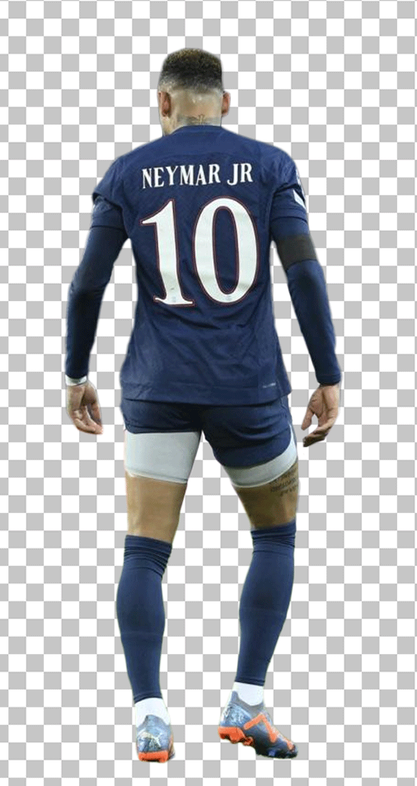 Neymar Jr walking with wearing a blue PSG jersey with the number 10 on the back png image