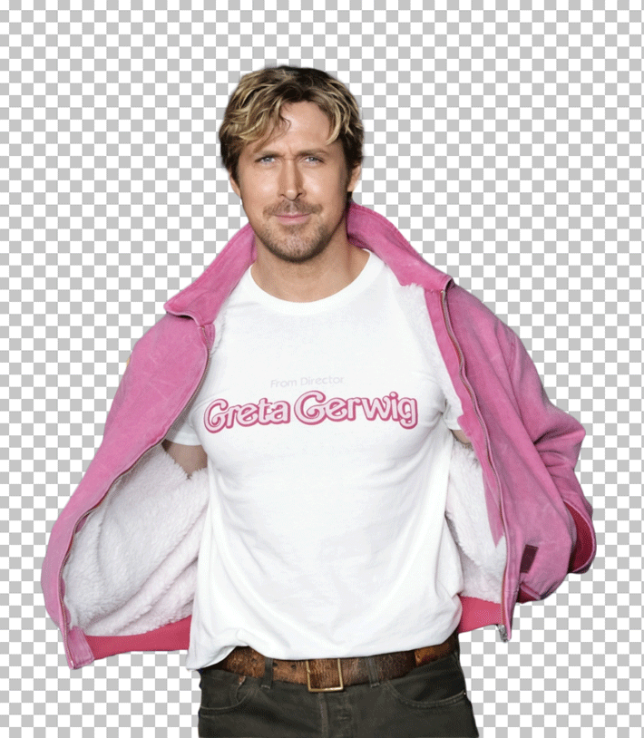 Ryan Gosling standing in pink jack and white T-shirt PNG Image