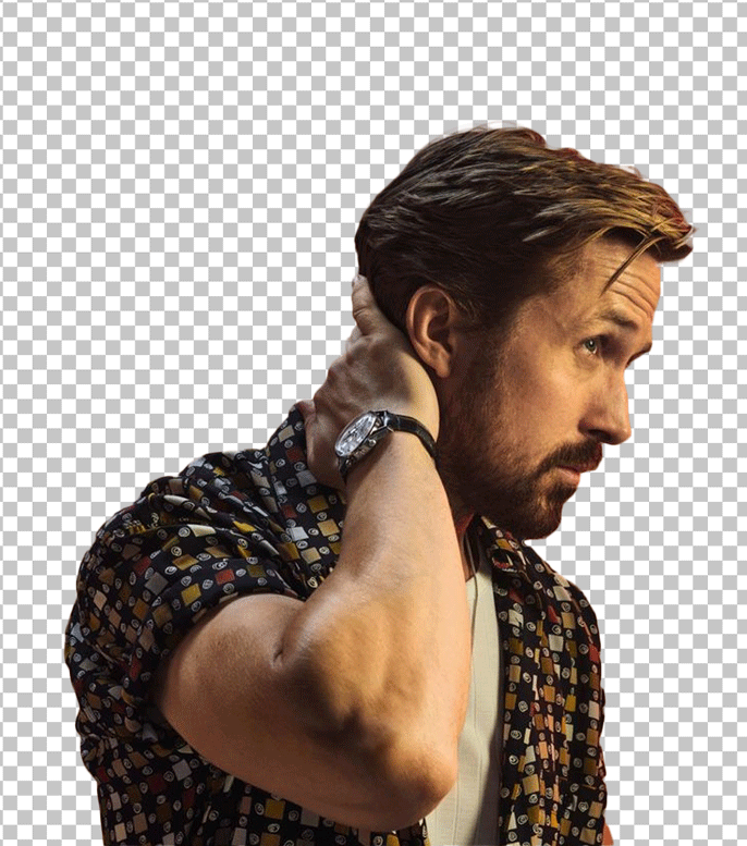 Ryan Gosling in shirt and touching his ear with his hand PNG Image