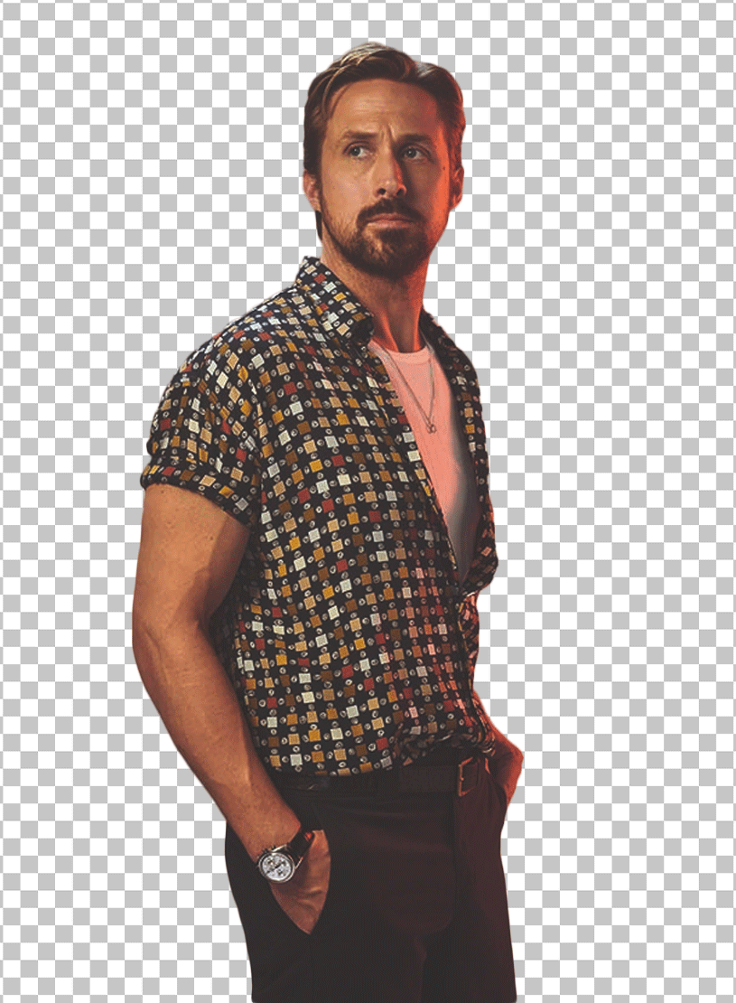 Ryan Gosling wearing a plaid shirt and black pants, standing with his hands in his pockets PNG Image