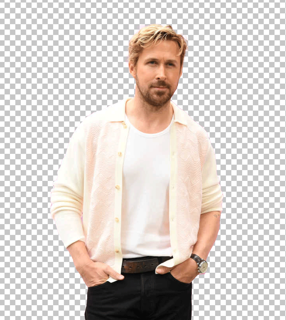 Ryan Gosling standing in white shirt and black jeans PNG Image