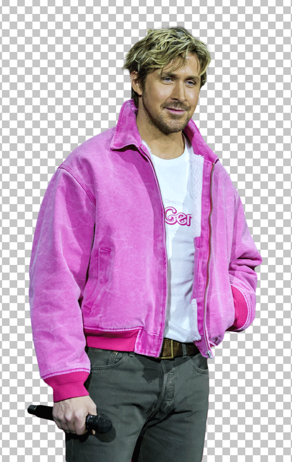 Ryan Gosling Smiling and wearing a pink jacket and jeans, holding a microphone in his hand PNG Image