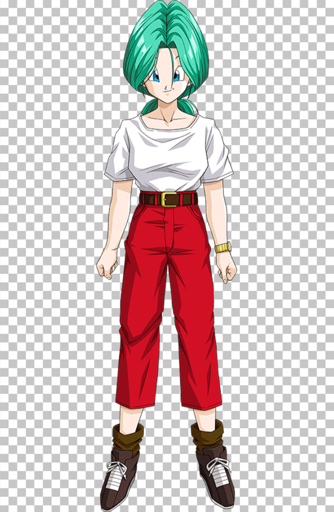 Bulma standing in white T-shirt and red pant on transparent background.