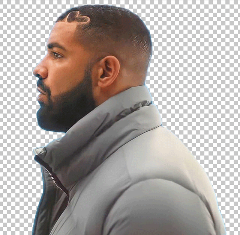 Drake side view with a beard and grey jacket.
