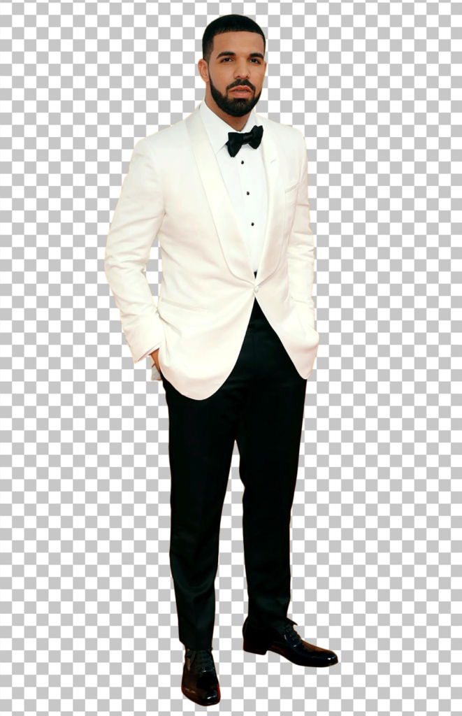 Drake standing in white tuxedo
