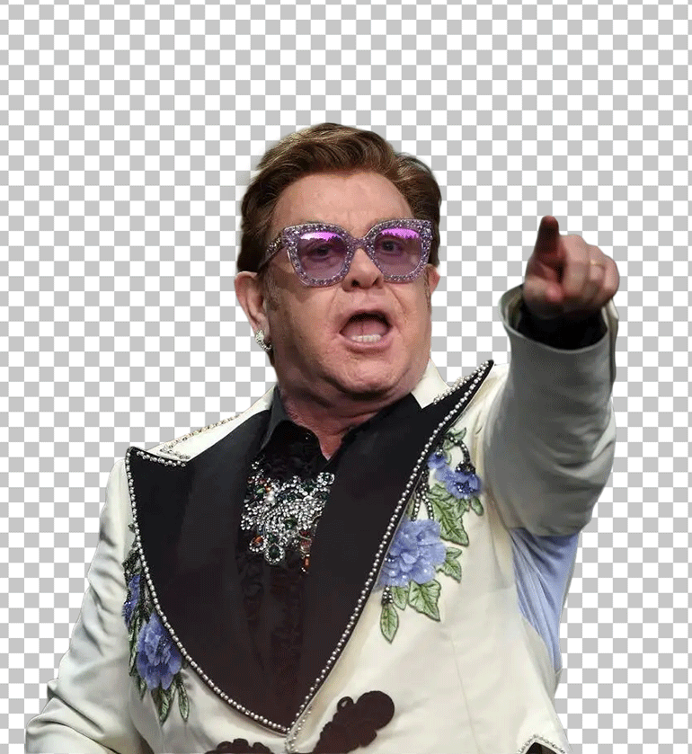 Elton John pointing his finger at something in the distance.