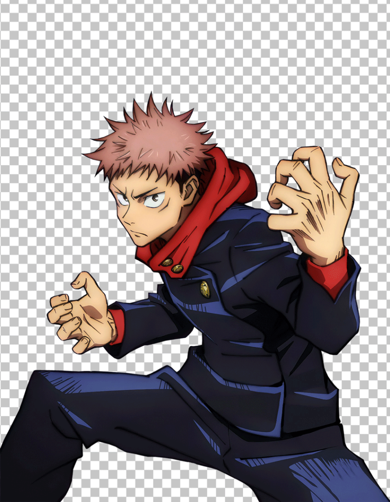 Image of Yuji Itadori, the main protagonist of the anime Jujutsu Kaisen. He is standing on a white background, wearing his signature blue track jacket and red pants. He has short black hair and brown eyes. His expression is determined and confident.