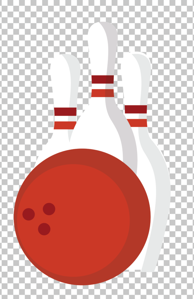 A red bowling ball with three finger holes is rolling towards a triangular formation of white pins on a checkered background.