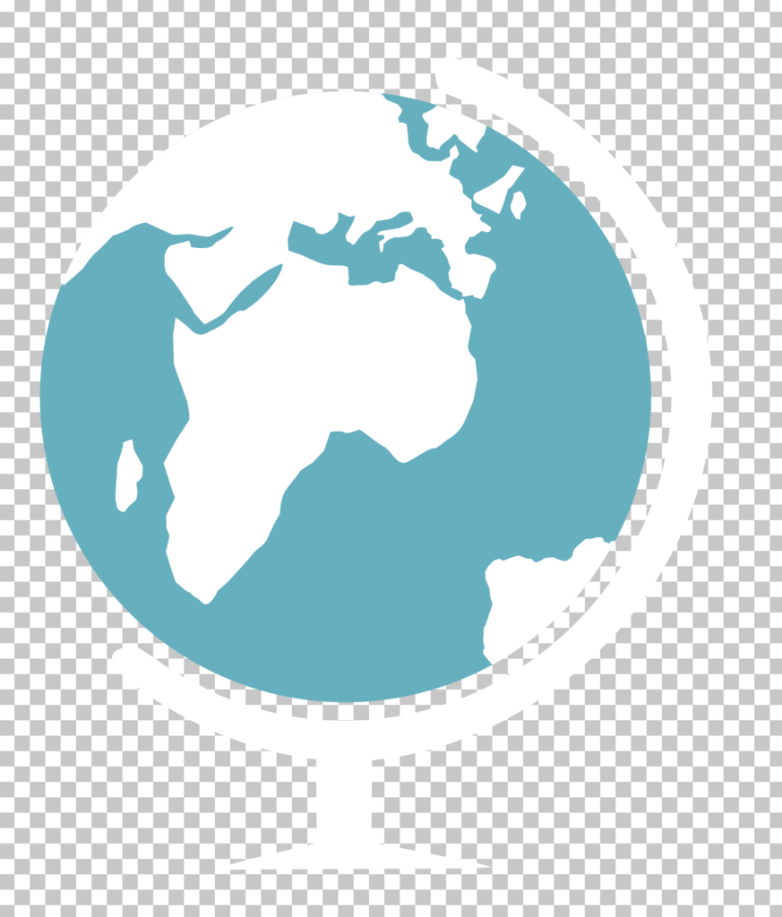 A blue and white globe icon with a thin black outline