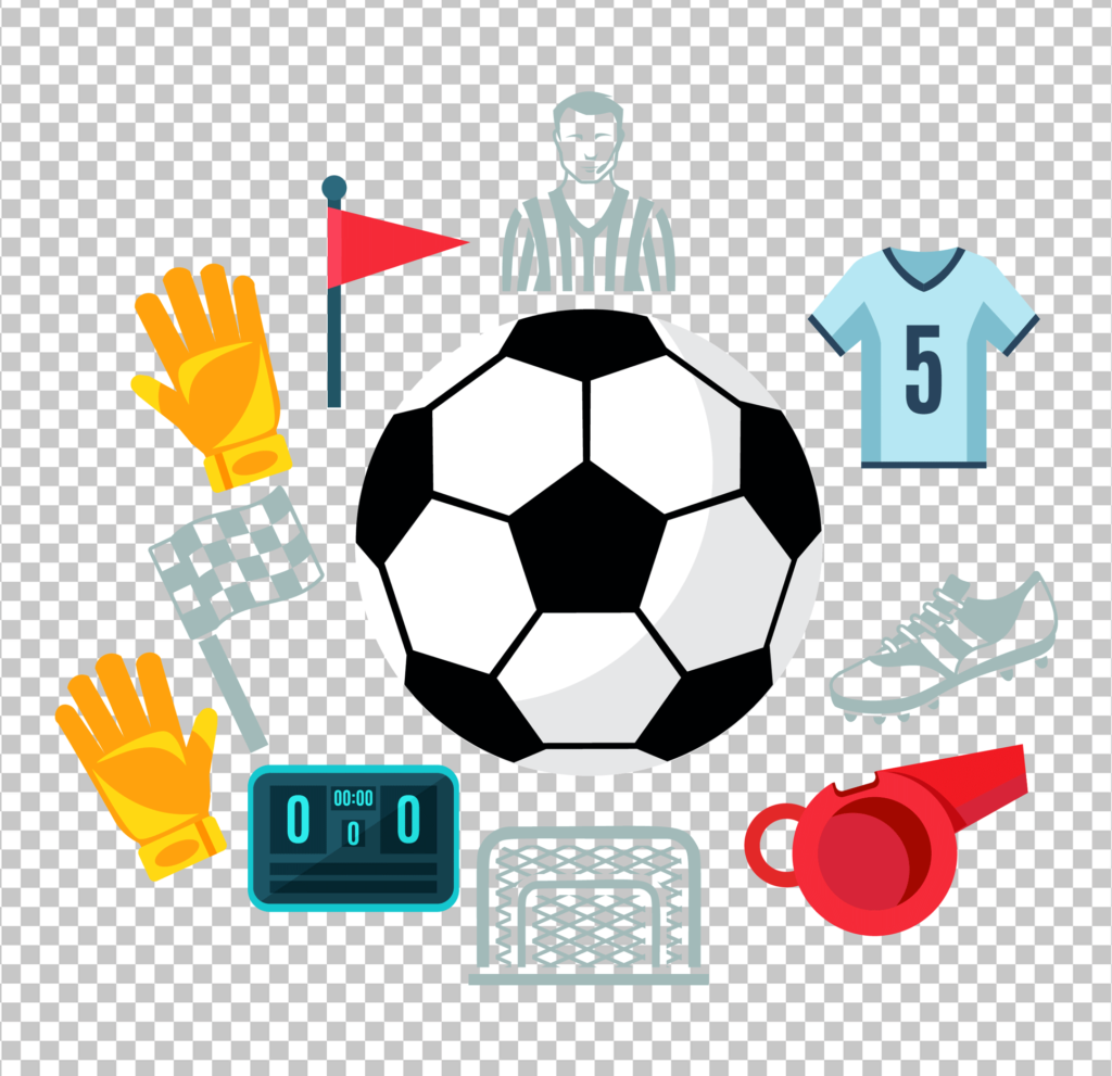 A transparent PNG image of a soccer ball surrounded by various soccer equipment, including soccer cleats, a soccer goal, a soccer whistle, and a soccer ball pump.