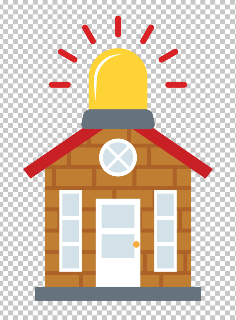 Brick House with Yellow Alarm Clock on Roof PNG