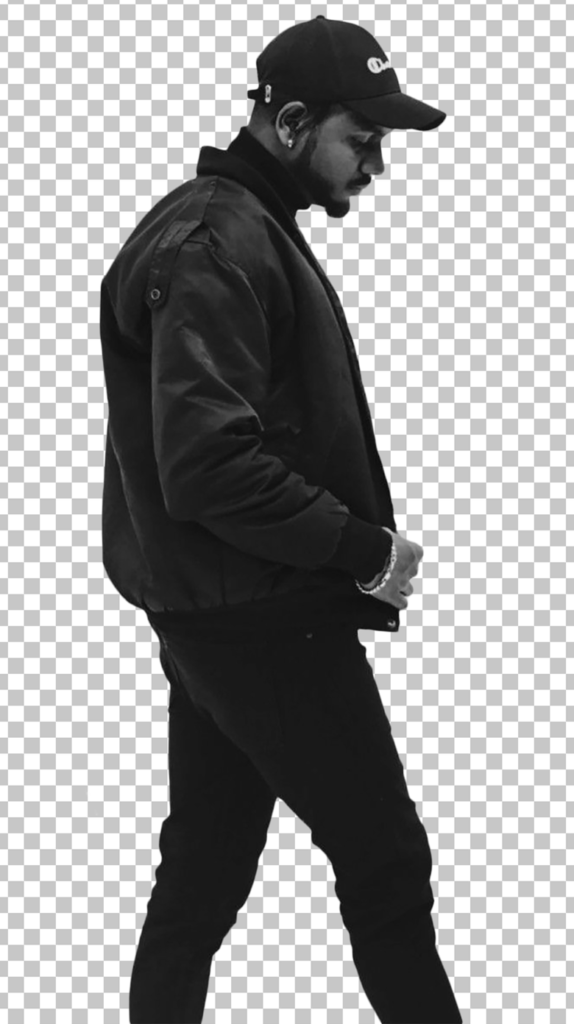 king black and white photo walking in a black cap and a black jacket on transparent image