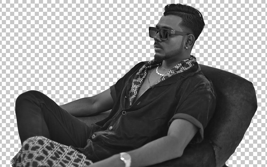 Black and white photo of king sitting on a chair wearing sunglasses and a black shirt with a pattern png image
