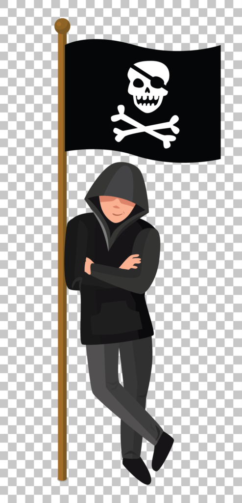 Hacker in a hooded jacket standing next to a pirate flag on a transparent background.
