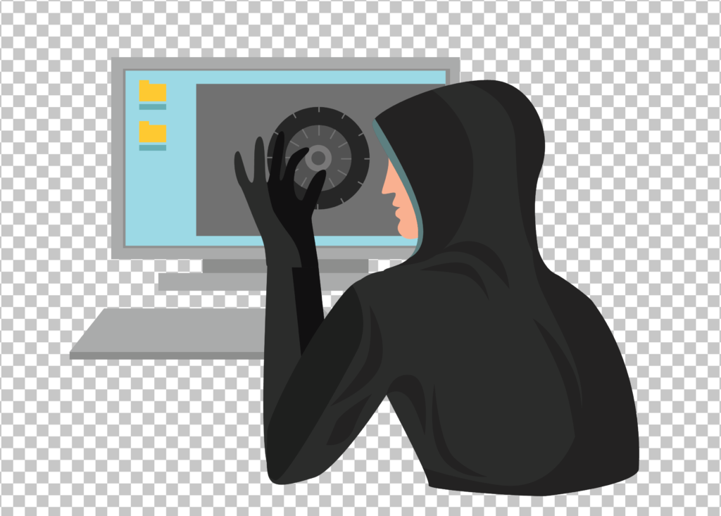 Hacker in a black hoodie sitting in front of a computer and cracking password PNG Image