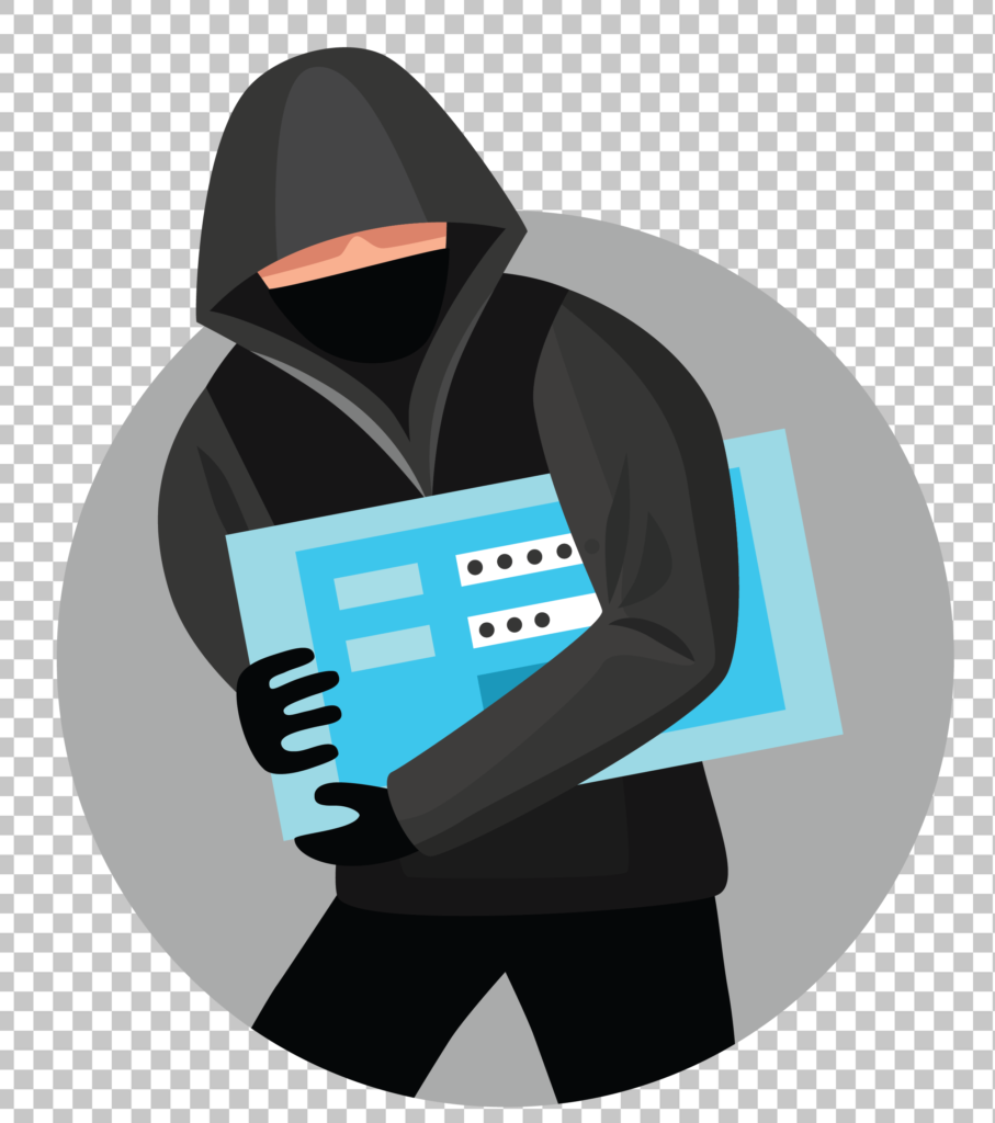 Hacker in a black hoodie with password Stealing on transparent image