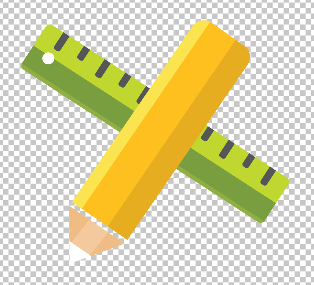 Pencil and ruler crossed at right angle on transparent image