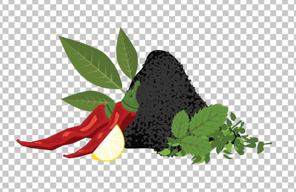 A pile of red and green chili peppers, turmeric powder, green bell peppers, yellow bell peppers, and carrots on a transparent background.