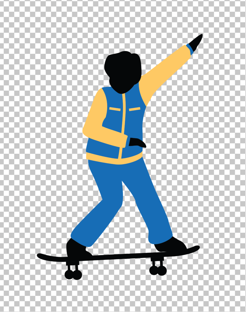 A man riding a skateboard on a transparent background.
