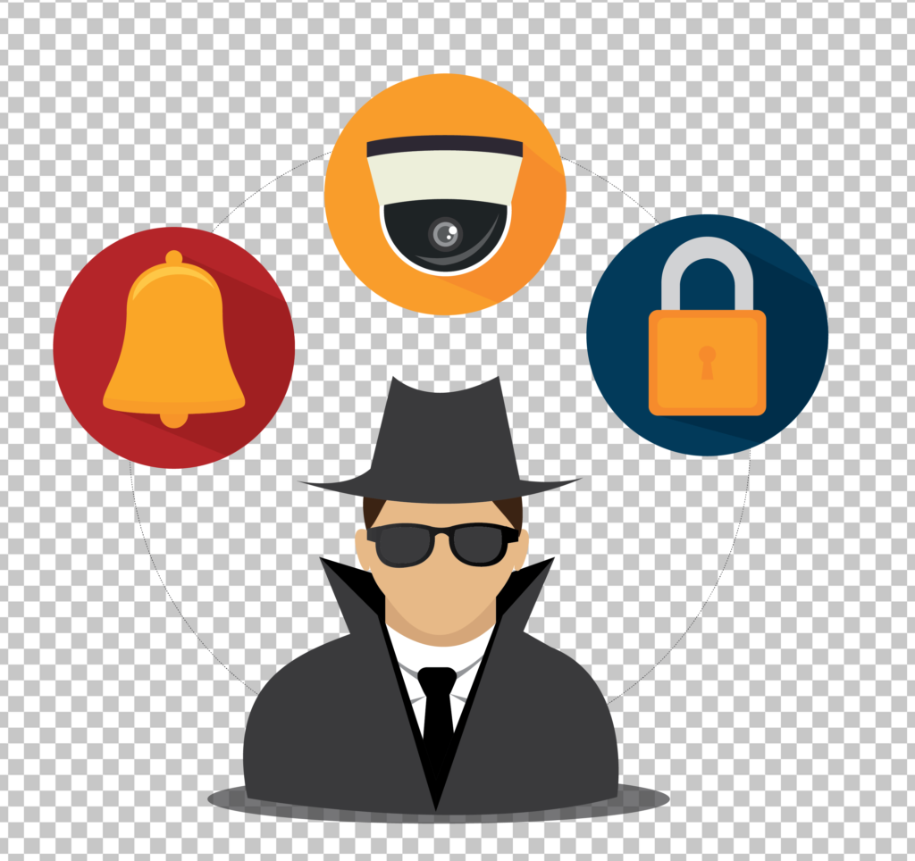 security man, security icons, PNG image, transparent background, cartoon, clipart, SPY Man with Icons PNG Image