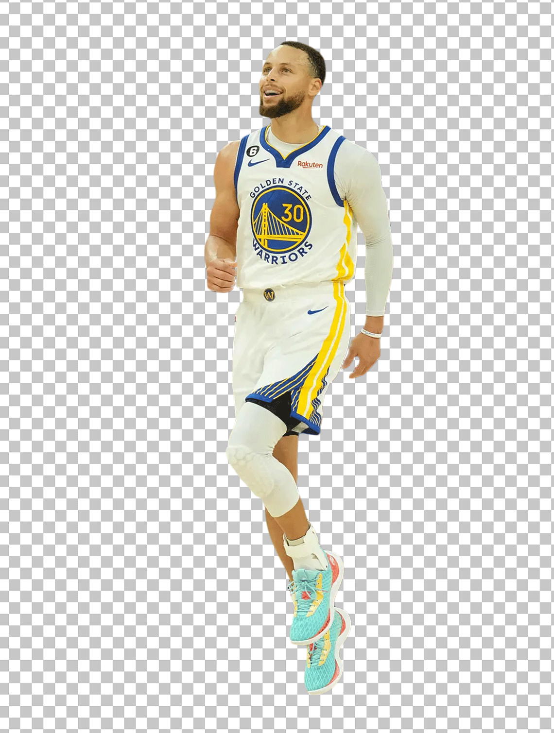 Stephen Curry wearing a white jersey and looking happy.
