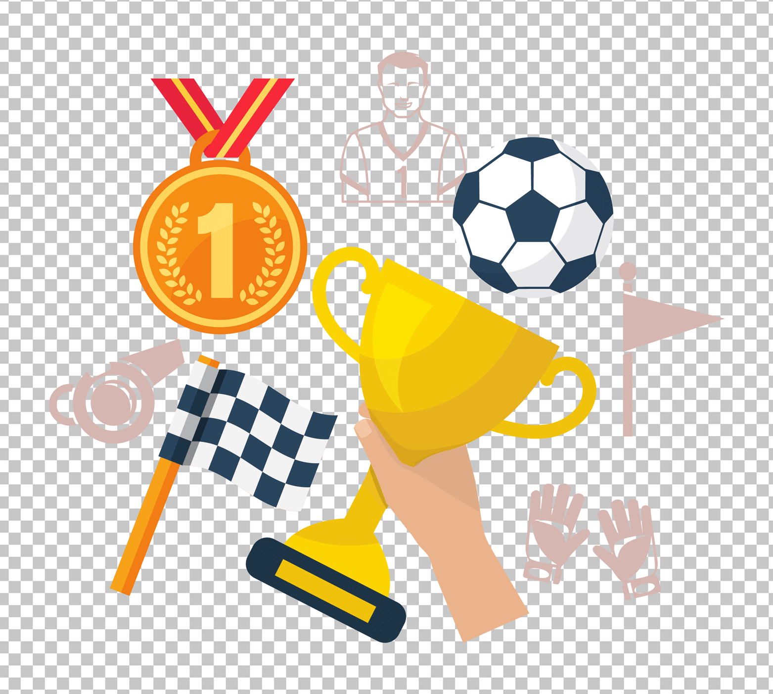 Hand Holding Trophy, Medal, Soccer Ball, and Checkered Flag PNG