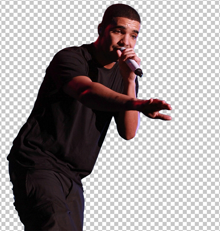 Young Drake singing and holding a microphone in one hand