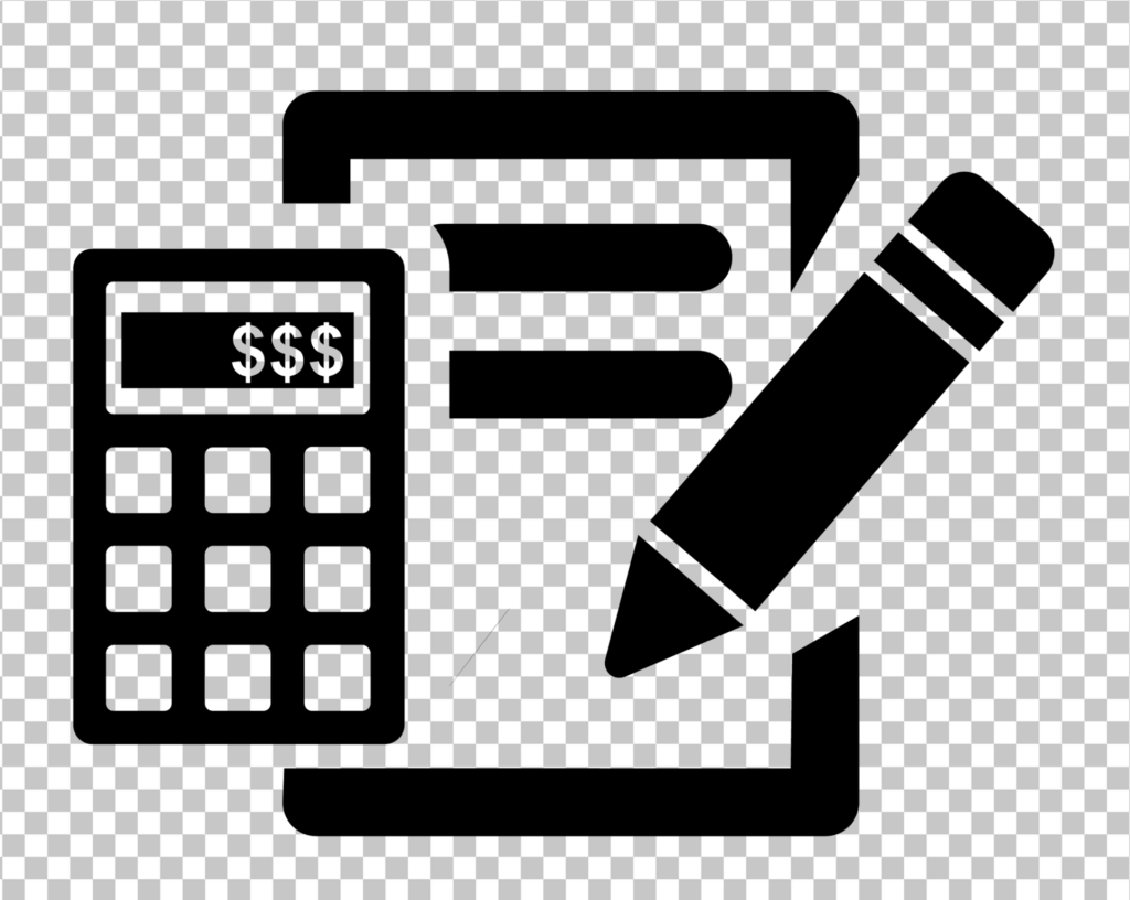 Black Accounting icon with Calculator, pencil and Clipboard.