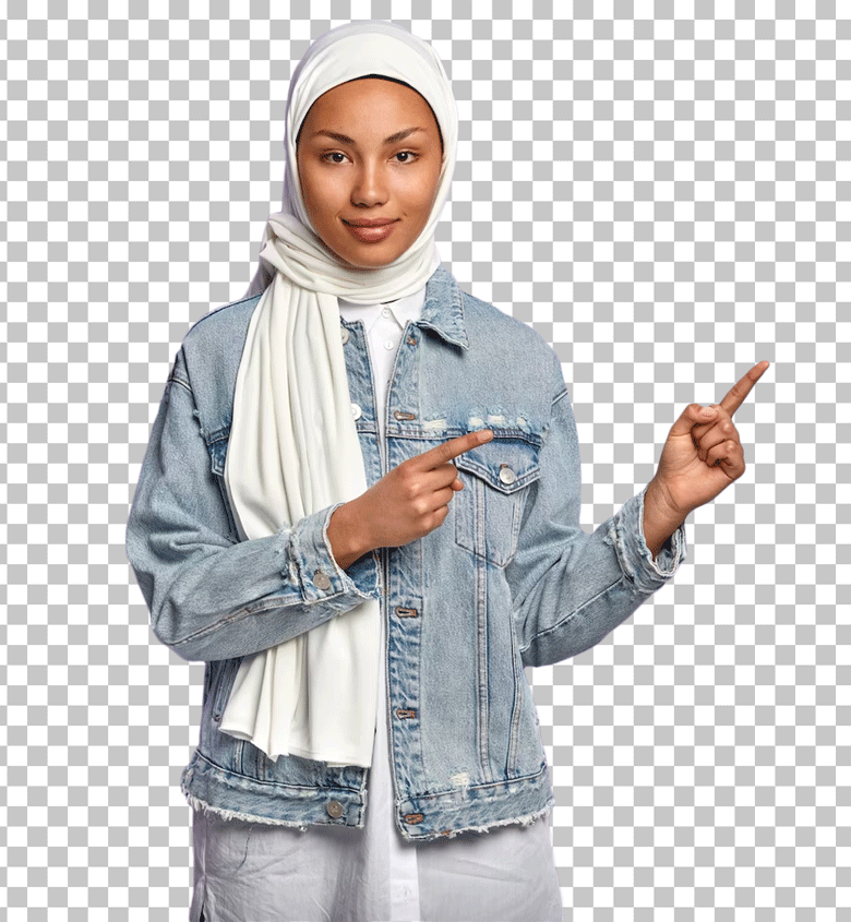 Girl in white Hijab pointing PNG Image
