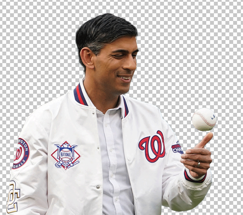 Rishi Sunak in a white jacket holding a baseball in his hand.